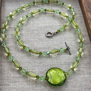Vintage Green Art Glass & Crystal Beaded Necklace Dichroic Sterling Silver 23"